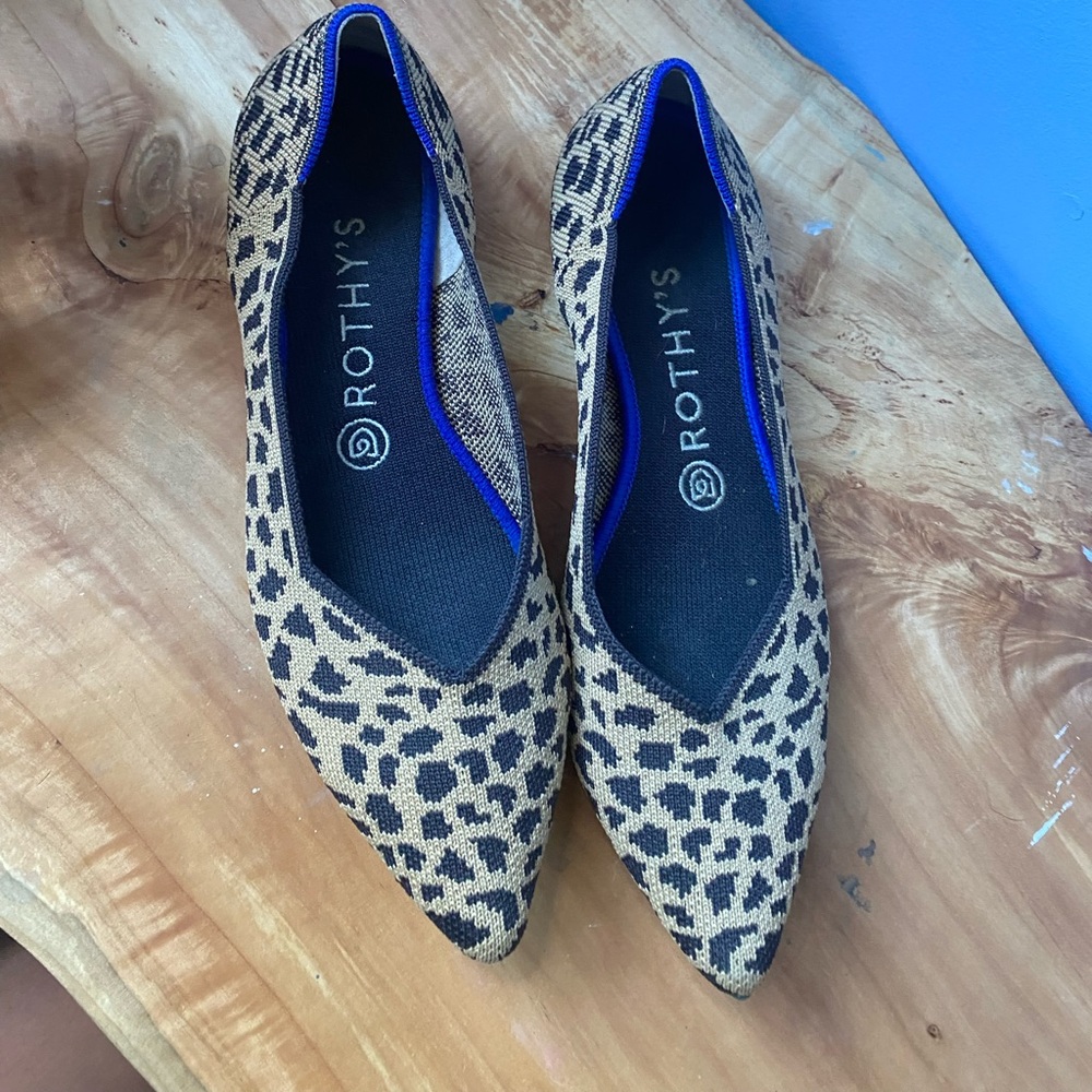 Rothy's Leopard Print Pointed Toe Flats with Blue Trim